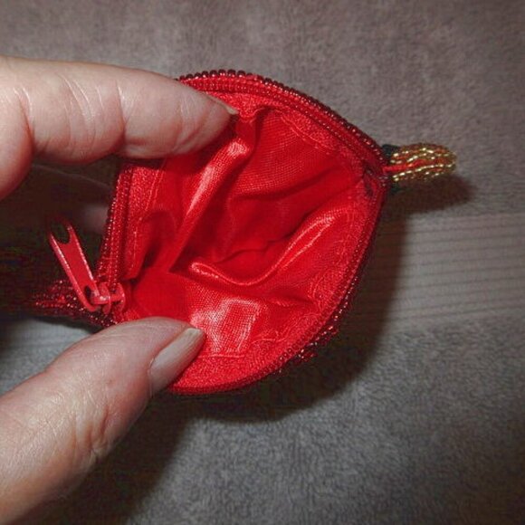 Vintage Red Cardinal Beaded Coin Purse Stash Pouch Lined Zipper Ornate Bird NEW - Picture 8 of 8